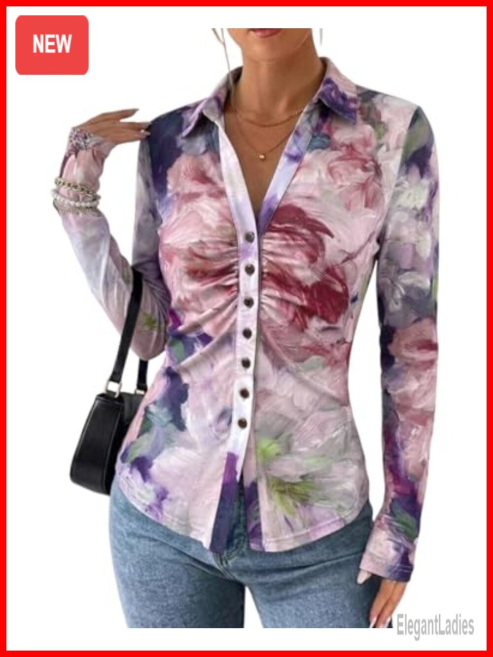 Sheer Mesh Button Down Shirt Womens V-Neck Long Sleeve Floral Ruched Blouse